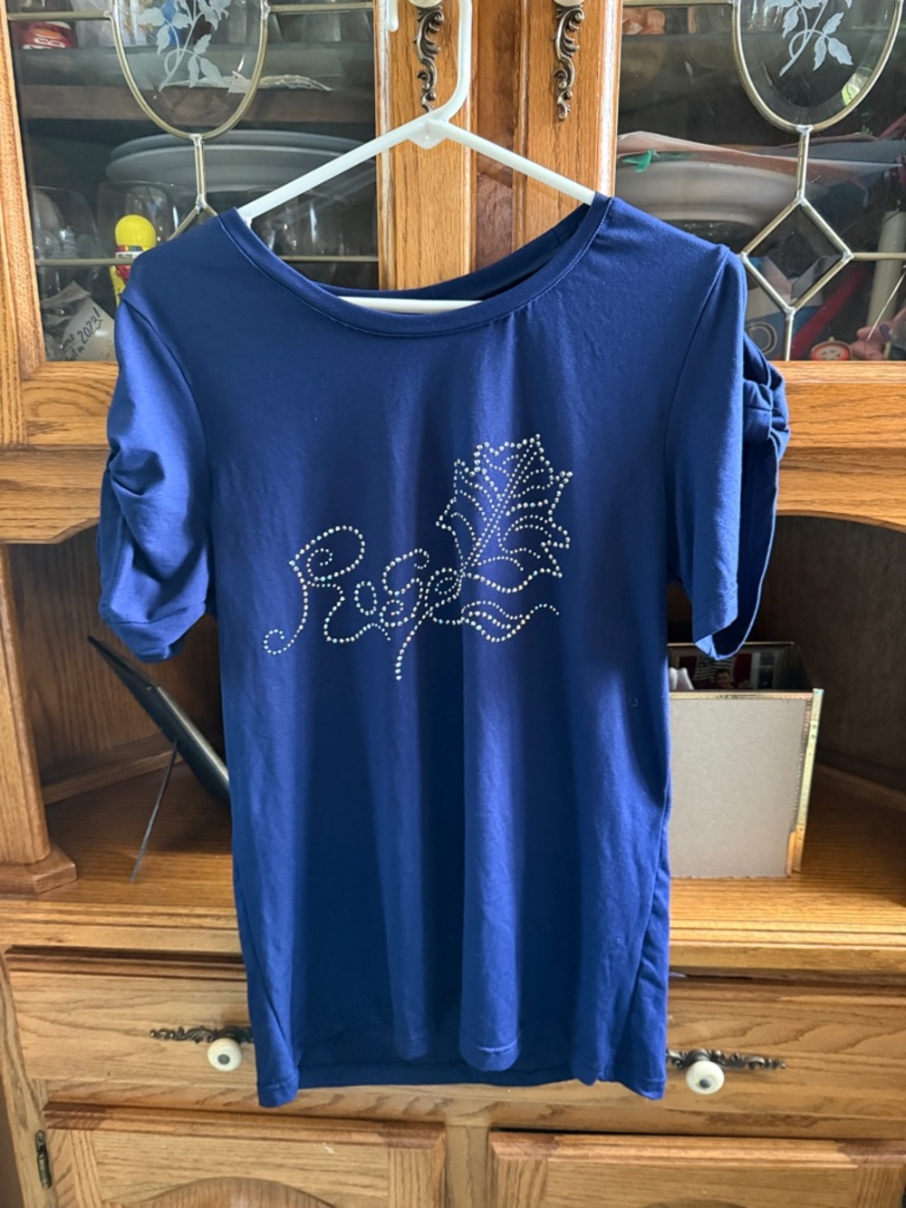 Women's Short Sleeve Rhinestone Tee - ROSE name and flower size 1x Navy